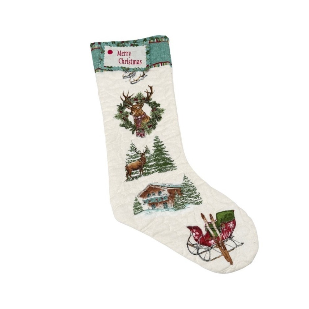 Christmas Stocking Quilted Reindeer Cabin Sleigh Holiday Decor Cream